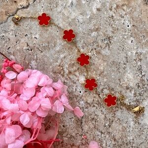 Gold-Toned Stainless Steel Red Flower Motif Bracelet